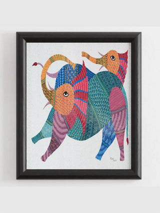 Two Elephants Gond Art Painting - Unframed Kailash Pradhan
