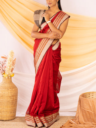 Handloom Maheshwar Silk Saree Red Ganesh Handloom