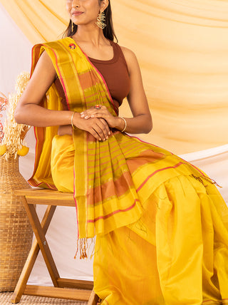 Handloom Maheshwar Silk Saree Yellow and Red Ganesh Handloom