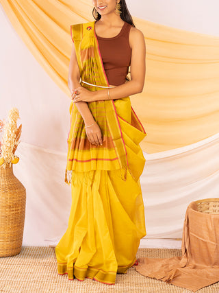 Handloom Maheshwar Silk Saree Yellow and Red Ganesh Handloom