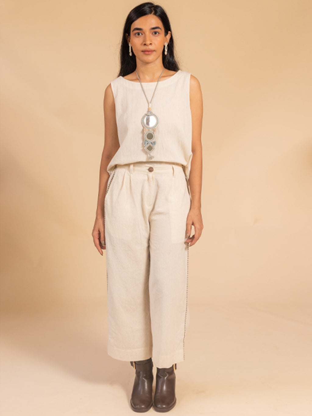 Off White Kora cotton Collar Neck Side Panel Stylish Coord set with Embroidery work on it main image 1