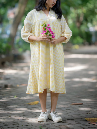 Handloom Summer Dress in  Cream And Yellow KRUSHNACHUDA