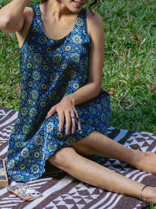 Ajarkh printed Sleeveless Dress Blue Ektha Apparel Producer company Ltd.