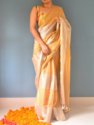 Pure Cotton Saree Zari Stripes Yellow OCAU
