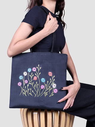 Tote Handbag With Florals Black Authentic Karnataka