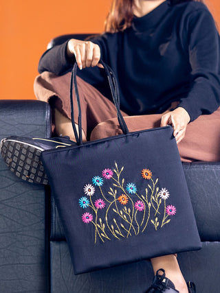 Tote Handbag With Florals Black Authentic Karnataka