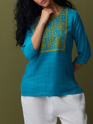 Jacquard Embroidered Tunic Turquoise Bombay Bloom