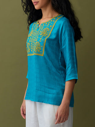Jacquard Embroidered Tunic Turquoise Bombay Bloom