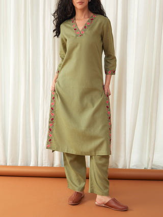 Linen Kurta With Farshi Pants Bay Leaf Green Bombay Bloom