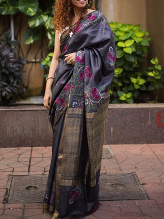 Kosa Silk Saree With Kantha Embroidery Grey Forsarees