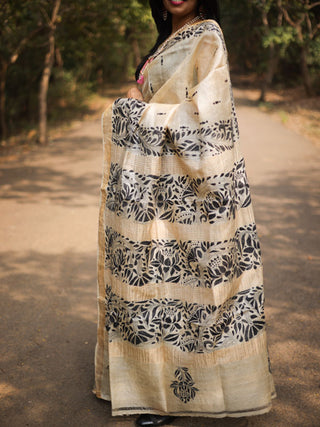 Kosa Silk Kantha Embroidery Saree Beige Forsarees