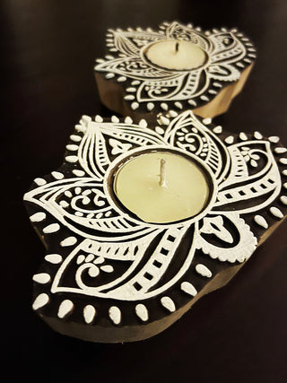 Handcrafted Wooden Tealight holders Lotus Design Set Of 2 GreenFootPrint
