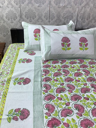 VARLI  Art Block Printed Bed Sheet Mehandi & Blue Alankaran Designs