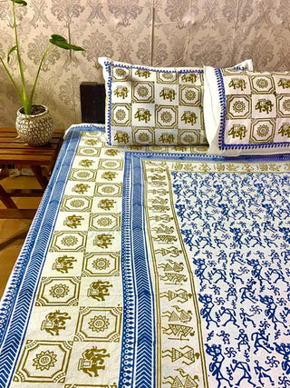 Linear Beal Design Block Printed Bed Sheet Indigo Alankaran Designs