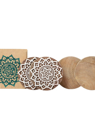 Handmade Wooden Hand Carved Coasters Set of 4 ( Lotus ) Potli