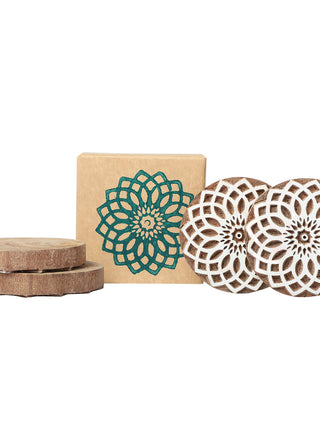 Handmade Wooden Hand Carved Coasters Set of 4 ( Marigold ) Potli