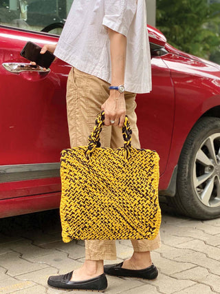 Hand Knitted Lunch Bag Yellow and Black P1000