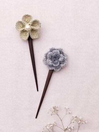 Handmade Crochet Hairstick Silver & Gold Metallic Flowers Pair Samoolam
