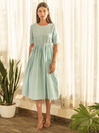 Blue Stripe Elastic Waist Dress