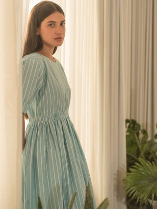 Blue Stripe Elastic Waist Dress