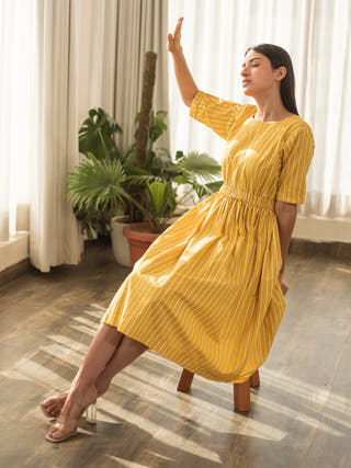 Yellow Stripe Elastic Waist Dress
