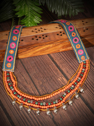 Statement Banjara Embroidery Necklace with beads Blue and Pink Sabala