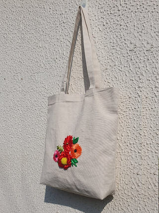 Ribbon Embroidery Canvas Tote Bag