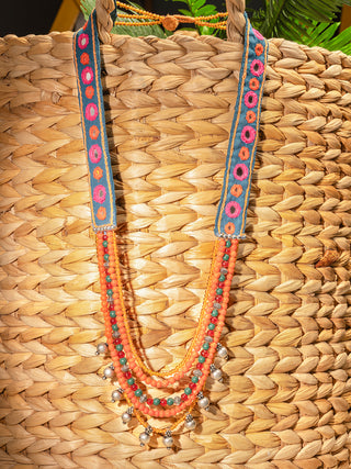 Statement Banjara Embroidery Necklace with beads Blue and Pink Sabala