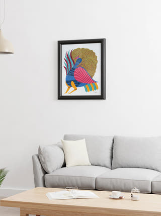 Dancing Peacock Gond Art Painting- Unframed Kailash Pradhan