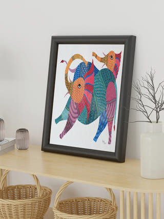Two Elephants Gond Art Painting - Unframed Kailash Pradhan
