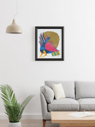 Dancing Peacock Gond Art Painting- Unframed Kailash Pradhan