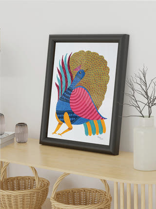 Dancing Peacock Gond Art Painting- Unframed Kailash Pradhan