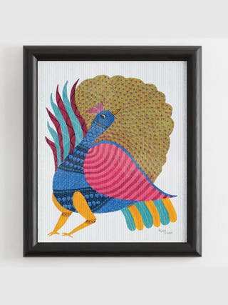 Dancing Peacock Gond Art Painting- Unframed Kailash Pradhan