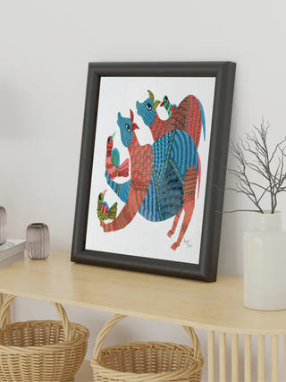 Nandi and Birds Gond Art Painting -Unframed Kailash Pradhan