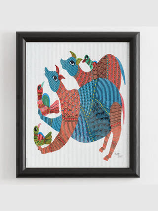 Nandi and Birds Gond Art Painting -Unframed Kailash Pradhan