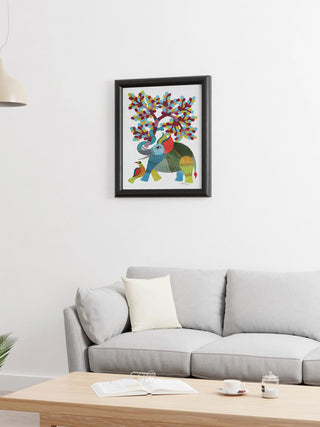 Elephant And Tree Gond Art Painting - Unframed Kailash Pradhan