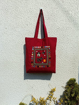 Maroon Applique & Embroidered Tote Bag