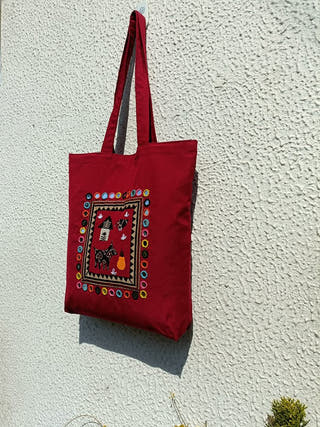 Maroon Applique & Embroidered Tote Bag