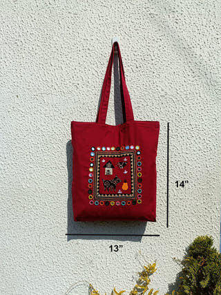 Maroon Applique & Embroidered Tote Bag