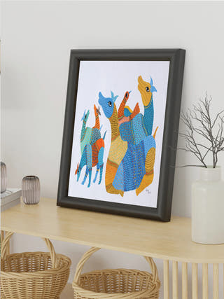 Flock of Deer Gond Art Painting- Unframed Kailash Pradhan