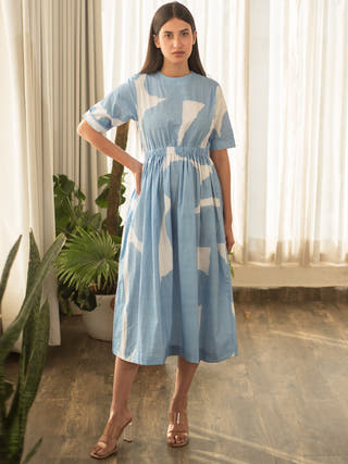 Blue Abstract Elastic Waist Dress