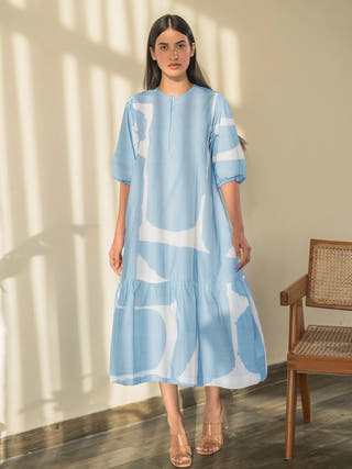 Blue Abstract Print Bottom Flare Dress