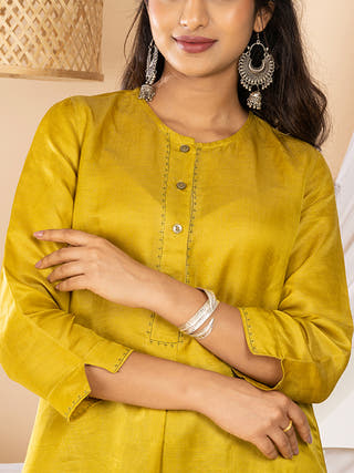 Kasuti Embroidered Pathani Silk Kurta Mustard Kai Krafts