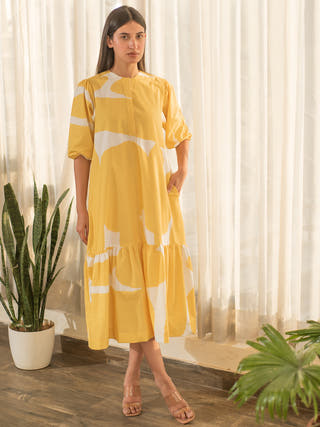 Yellow Abstract Print Bottom Flare Dress