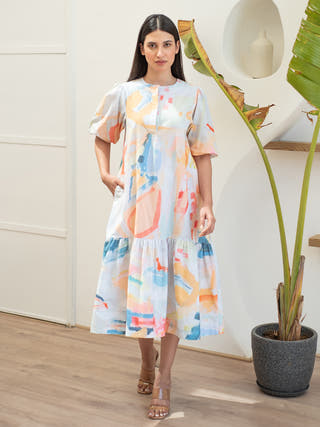 Multicolour Abstract Print Bottom Flare Dress