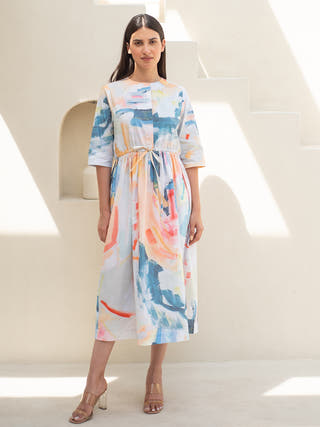 Multicolour Abstract Print Elasticated Waist Dress