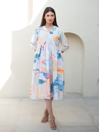 Multicolour Abstract Print Cuban Collar Dress