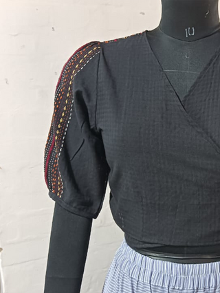 Cotton Hand Embroidered back-tie blouse Black Porgai