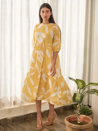 Yellow Floral Print Tier Dress