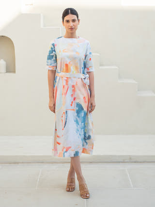 Multicolour Abstract Print Belt Dress
